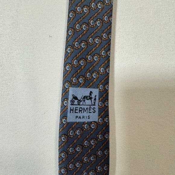 HERMES PARIS BLUE SILK MEN'S Neck Tie W:3 1/2" BY L:56" - Picture 3 of 6